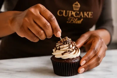 A Cupcake Blvd chocolate cupcake receiving its finishing touches