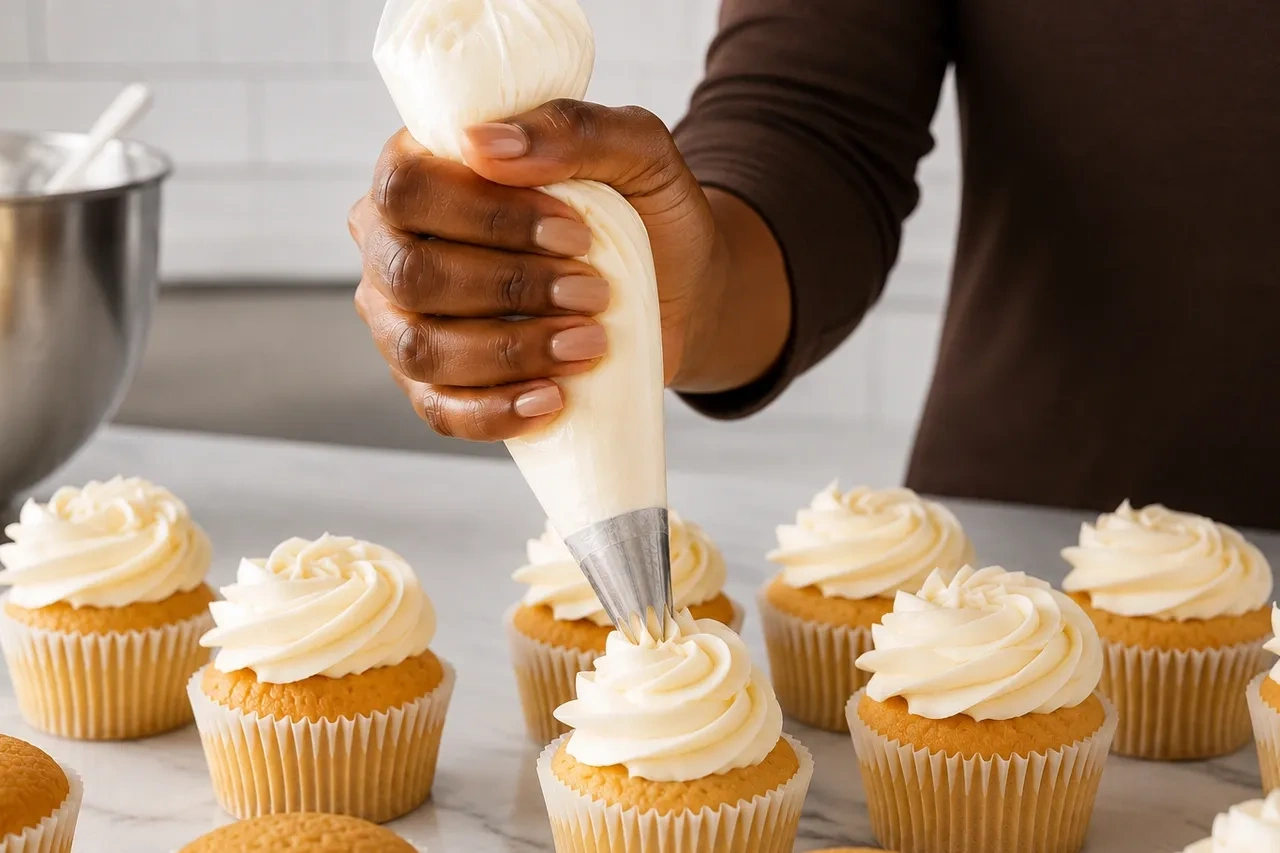 Cupcakes being finished with fresh buttercream piping
