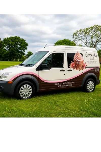 Cupcake Blvd branded delivery van parked on grass