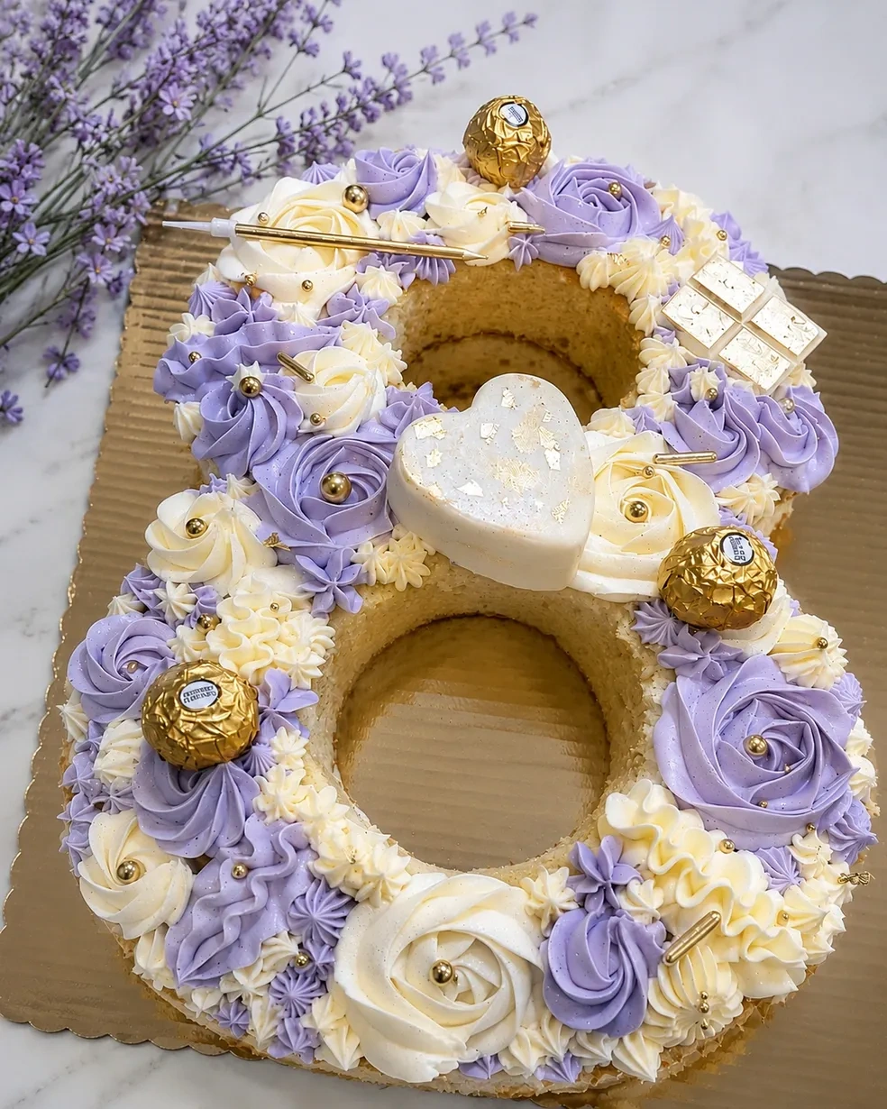 Number 8 cake decorated with lavender and white buttercream flowers and gold accents